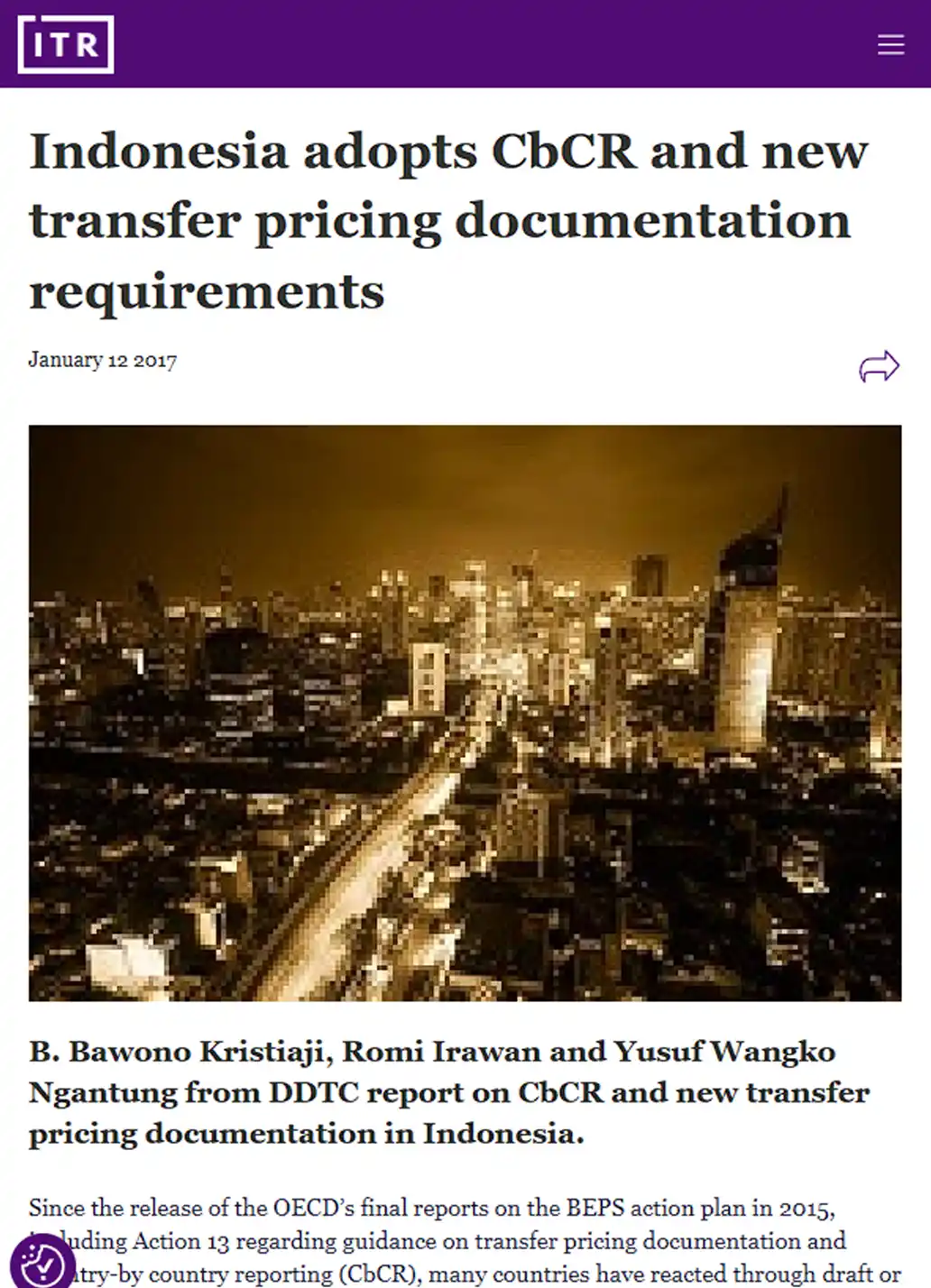 Cover Indonesia Adopts CbCR and New Transfer Pricing Documentation Requirements
